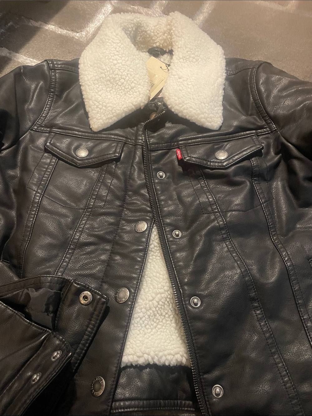 Men's Black Faux Leather Sherpa-Lined Trucker Jacket